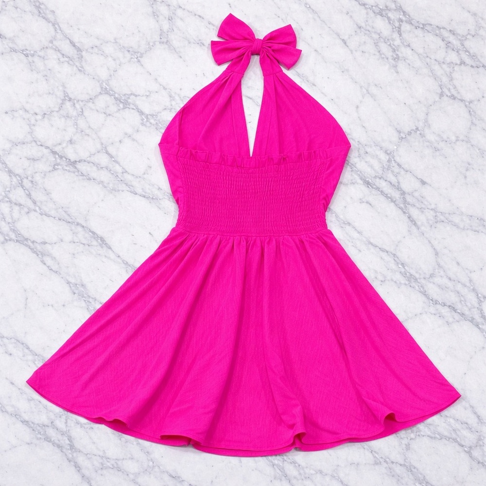 White Birch Hot Pink Halter Romper | Smocked | S M L | Built-In Shorts NWOT - Picture 2 of 3